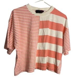 Vintage Pink and White Striped Crop Top Size M 90s Y2K Short Sleeve Tee